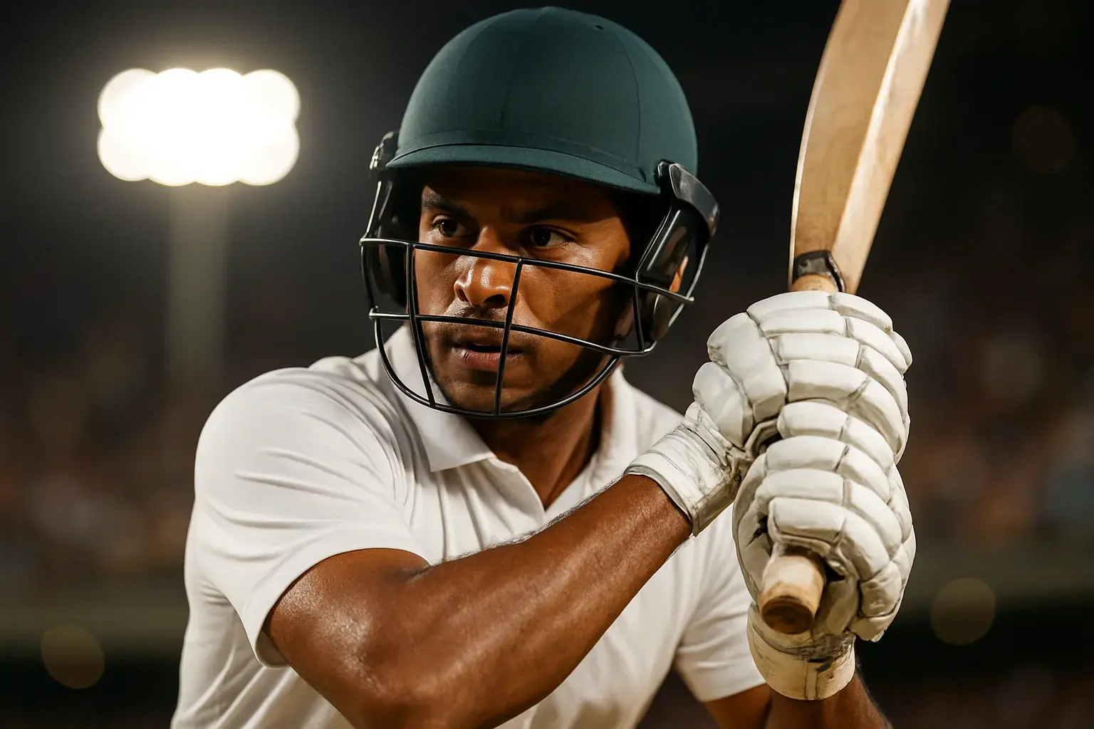 Bangladeshi male cricket batsman mid-swing under stadium floodlights in white kit