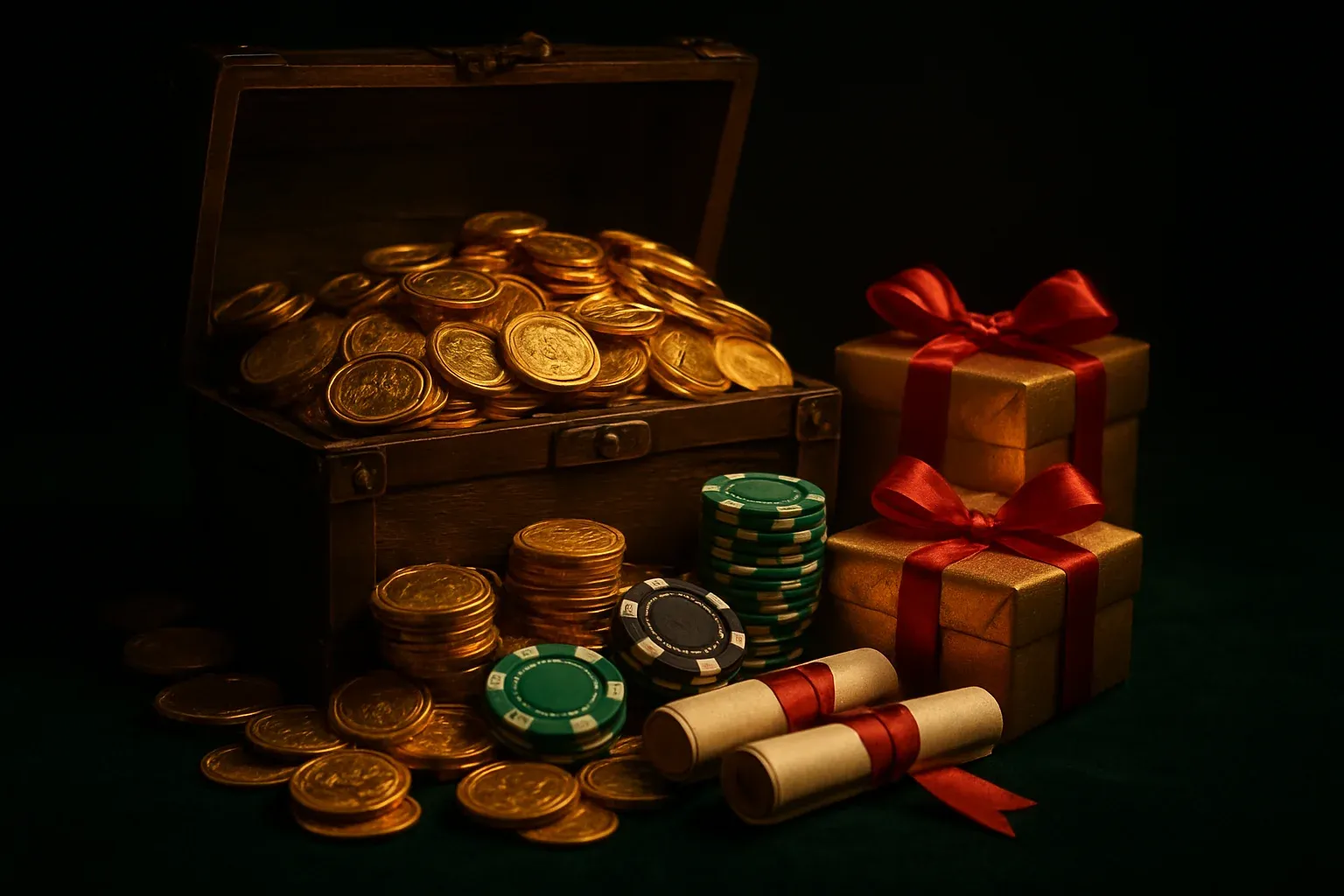 Overflowing treasure chest with gold coins, casino chips, vouchers, and gift boxes