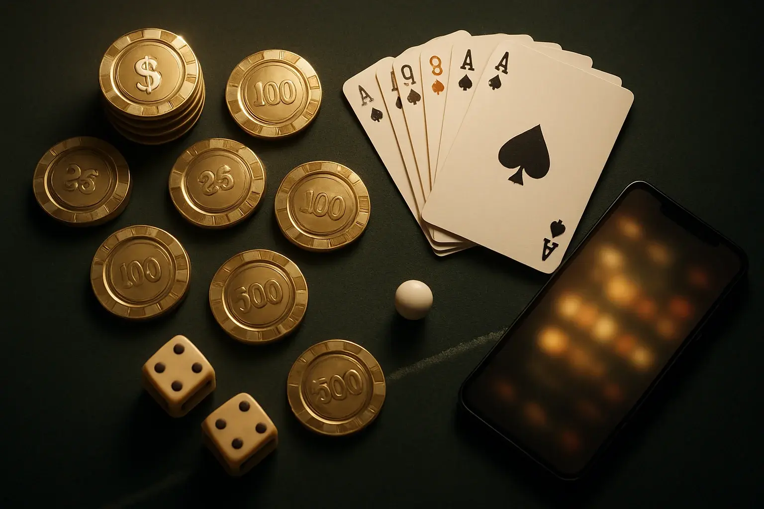 Top-down casino table with gold chips, cards, dice, roulette ball, smartphone