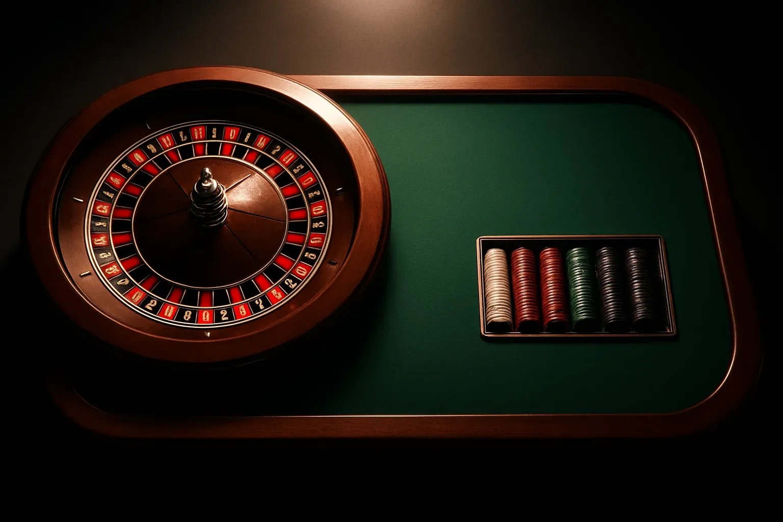 Hyperrealistic live casino studio with empty roulette table and dramatic lighting