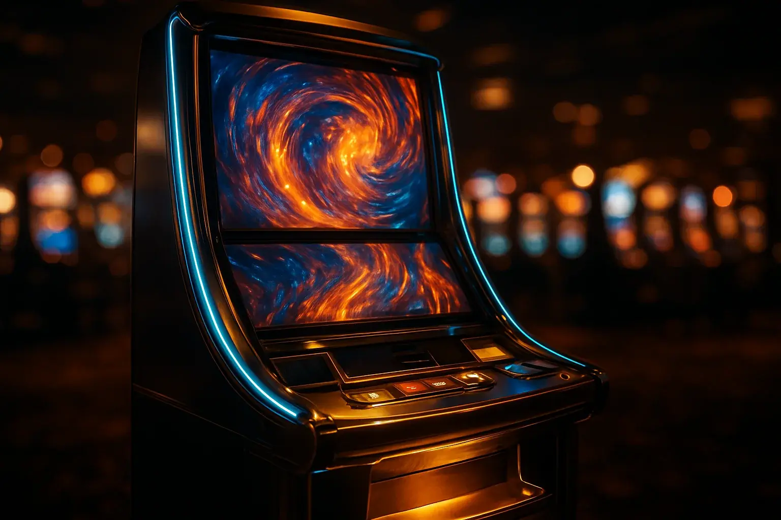 Premium slot machine glowing in dark luxury casino with neon lighting